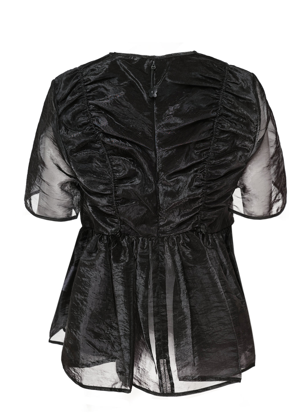 Cecilie Bahnsen Liquid Myrtia short-sleeve peplum top in black crinkled organza with sheer sleeves and gathered ruffle hem, photographed flat on a white background - view 2