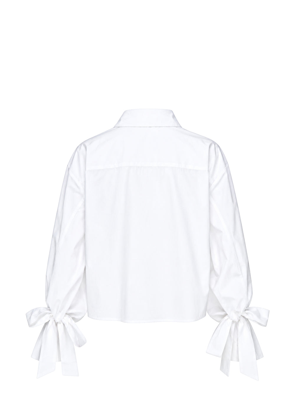 Cecilie Bahnsen Frina cropped white cotton shirt with bow-tied flared cuffs, tonal floral embroidered chest pocket, and button-through front placket, displayed flat on a white background - view 2