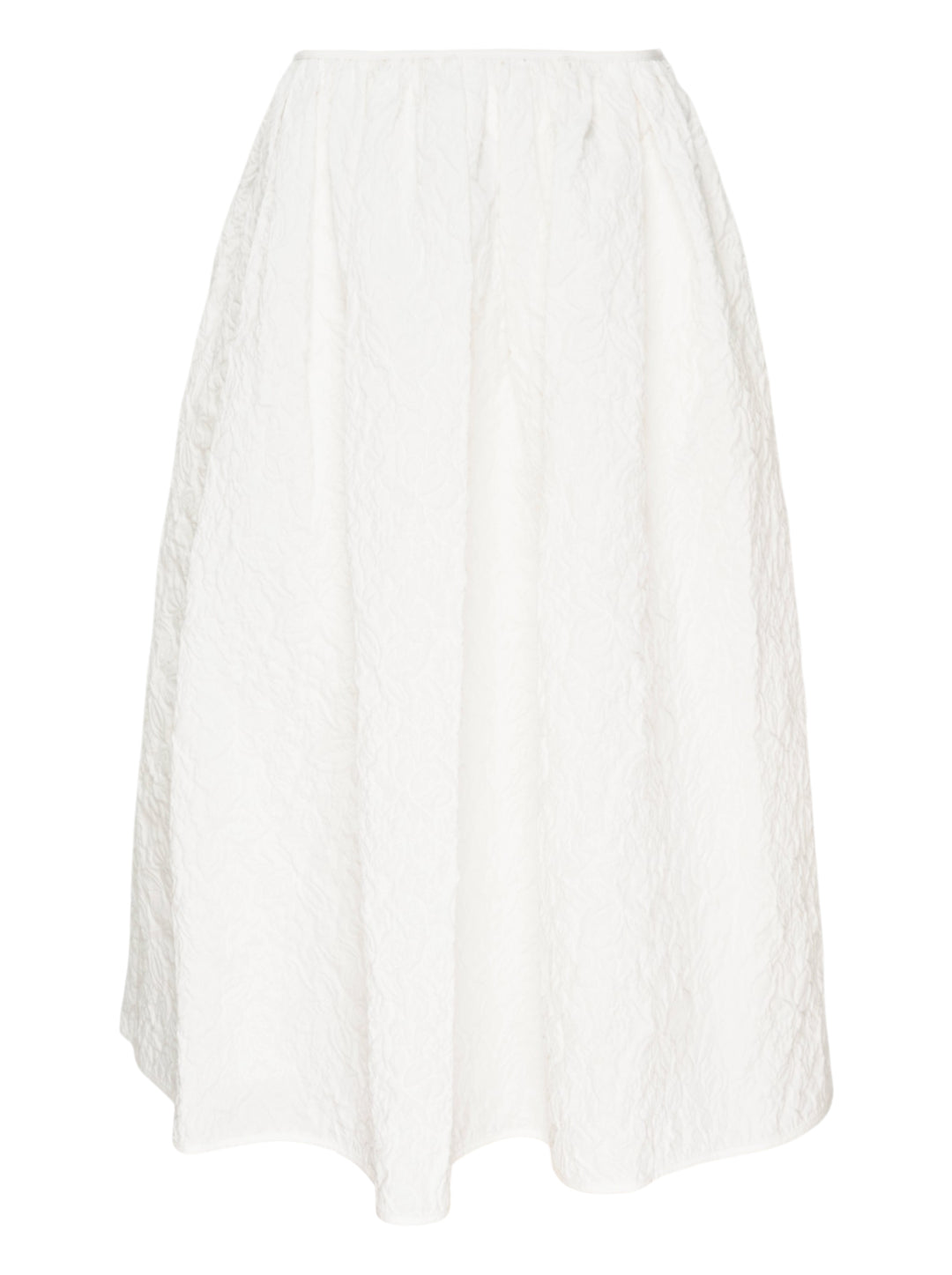 Cecilie Bahnsen Floratini Matelassé Midi Skirt in white, displayed flat, showing a voluminous A-line silhouette with an all-over raised jacquard texture and elasticated waistband