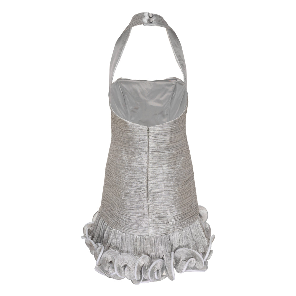 Stolen Stores Tutu Halter Mini Dress in silver crinkle-velvet with a sweetheart neckline, satin halter tie, and sculptural fabric rosette hem trim - view 2