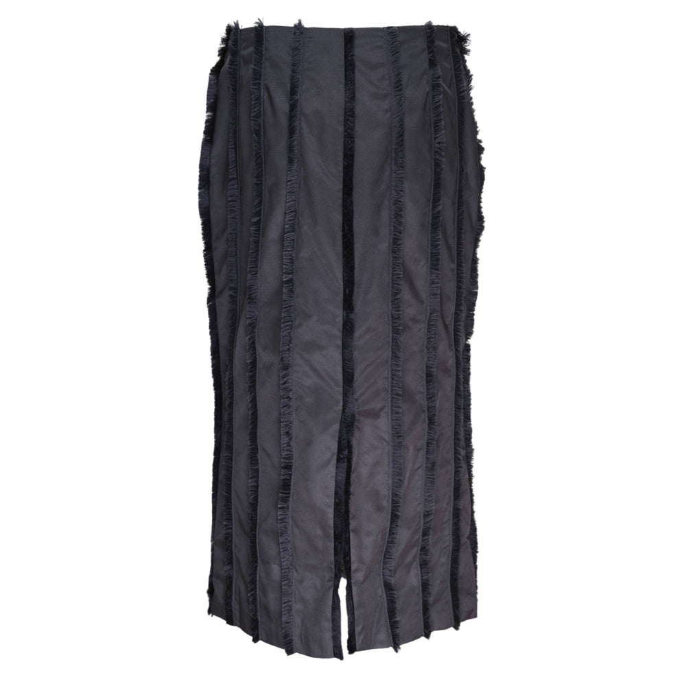 Stolen Stores Thread Fringe Midi Skirt in dark navy, featuring vertical fringe-trimmed panel seams and raw thread border detailing along the edges - view 2