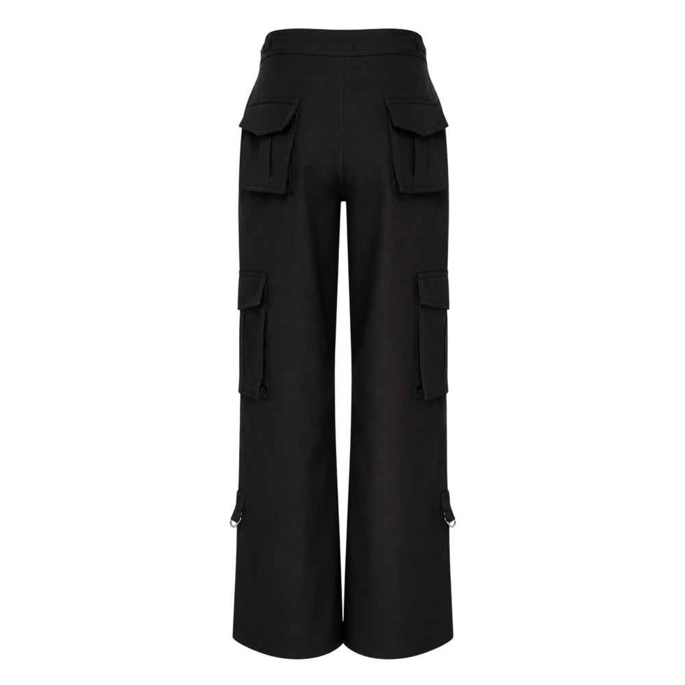 Stolen Stores black wide-leg cargo pants with bib buckle waist pocket, double flap thigh cargo pockets, and stirrup D-ring hem hardware, front view on white background - view 2