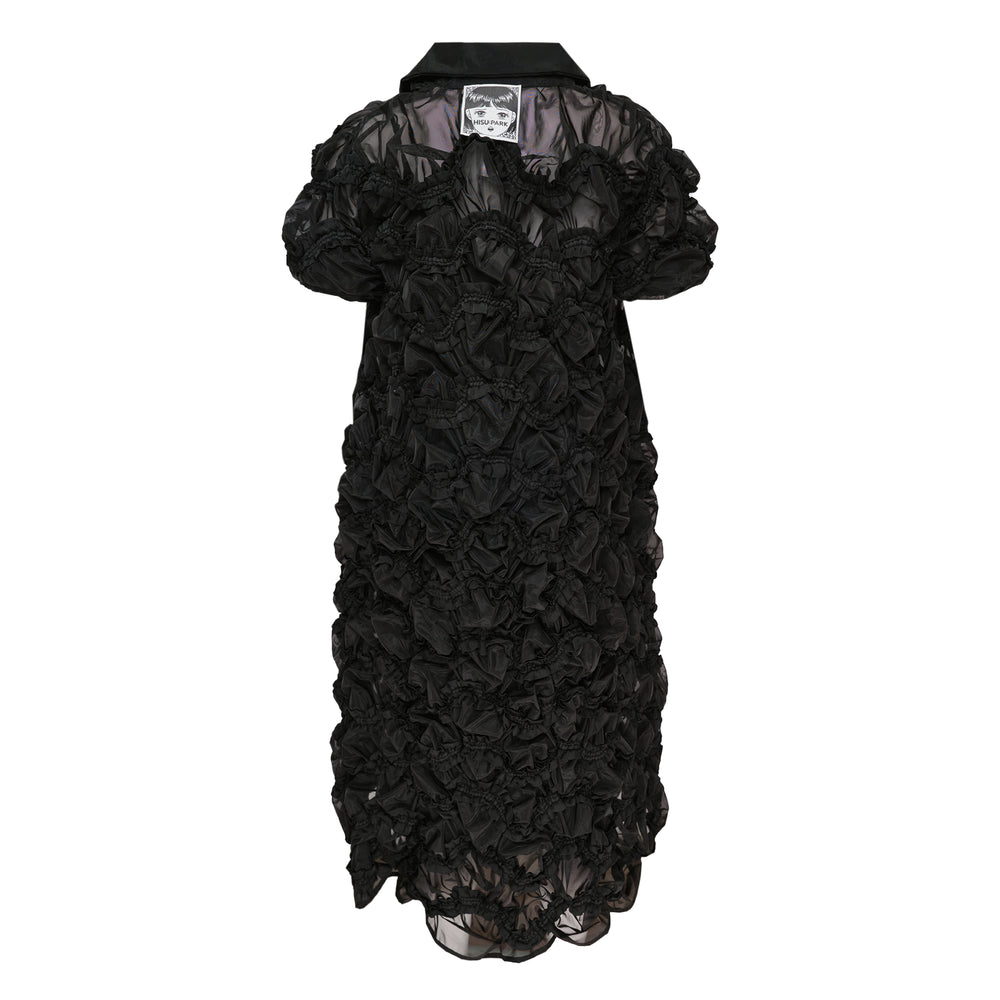 Hisu Park Valerie Glass Dress in black — A-line mini dress with allover ruched bubble-cluster organza texture, pointed collar, cap sleeves, and scalloped hem, shown flat against a white background - view 2