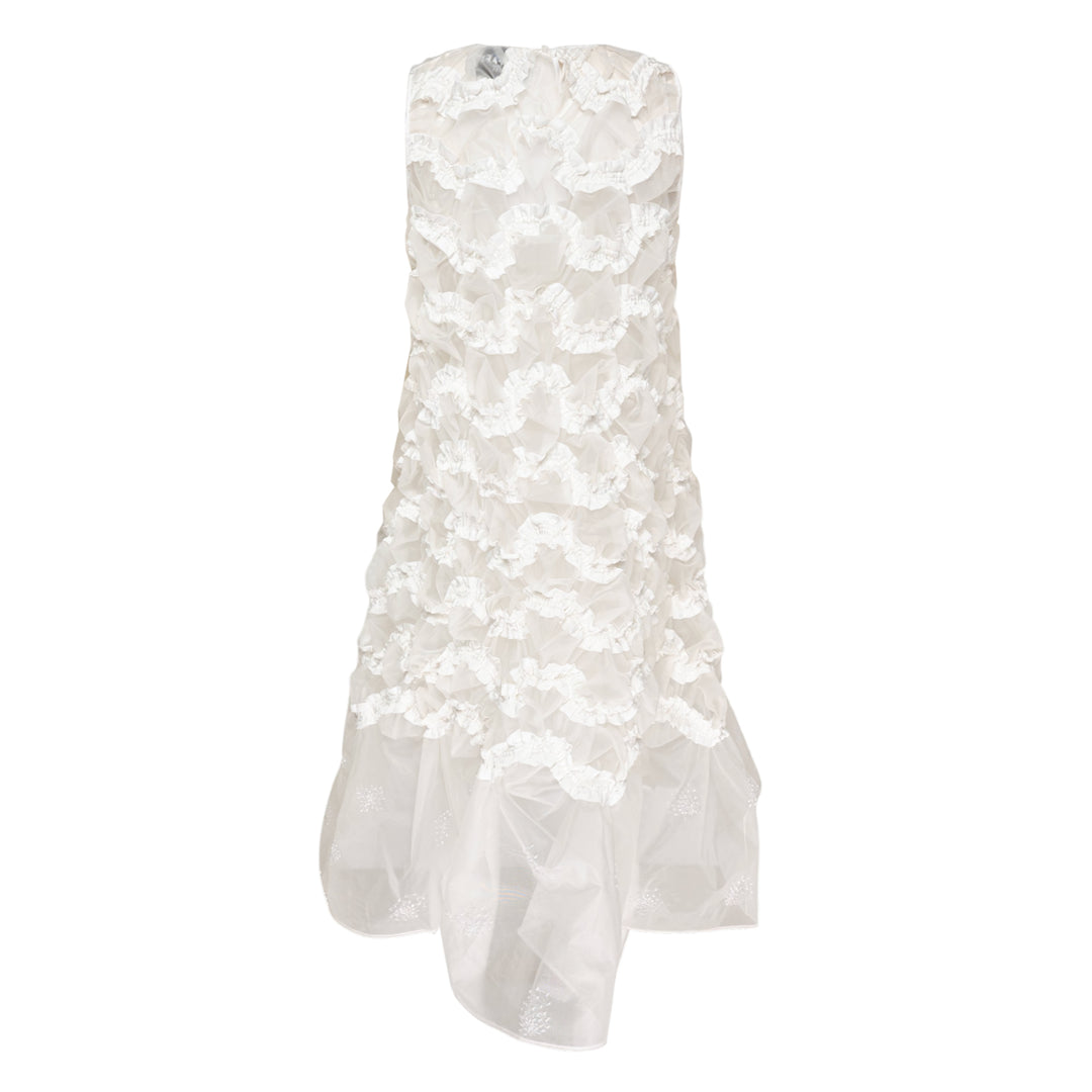 Hisu Park Lolo Dress in white — sleeveless sheer organza mini dress with 3D circular ruffled appliqués across the bodice and a flared drop-waist hem, flat lay view - view 2