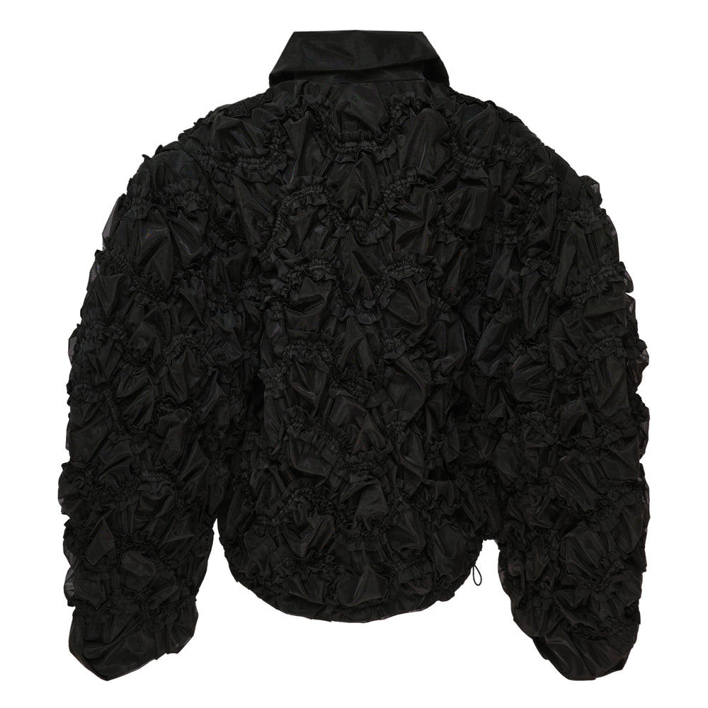 Hisu Park Nono Waves Blouson in black, featuring all-over smocked ruffle texture, a rounded collar, and centre-front zip fastening - view 2