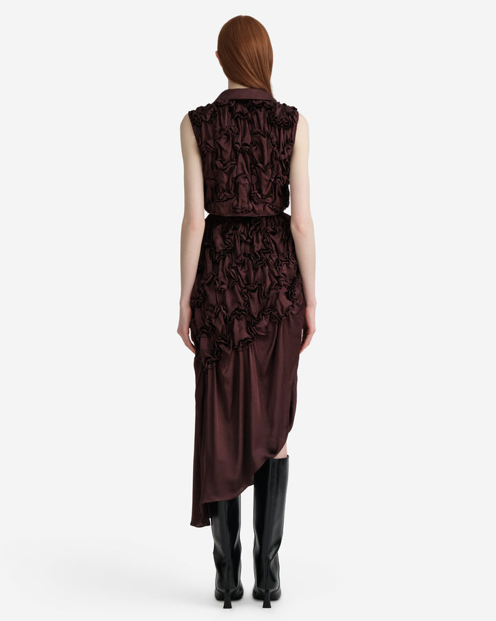 Hisu Park Jenny Skirt in deep burgundy satin with ruched floral-style gathered detailing on the upper skirt and an asymmetric draped midi hem - view 5