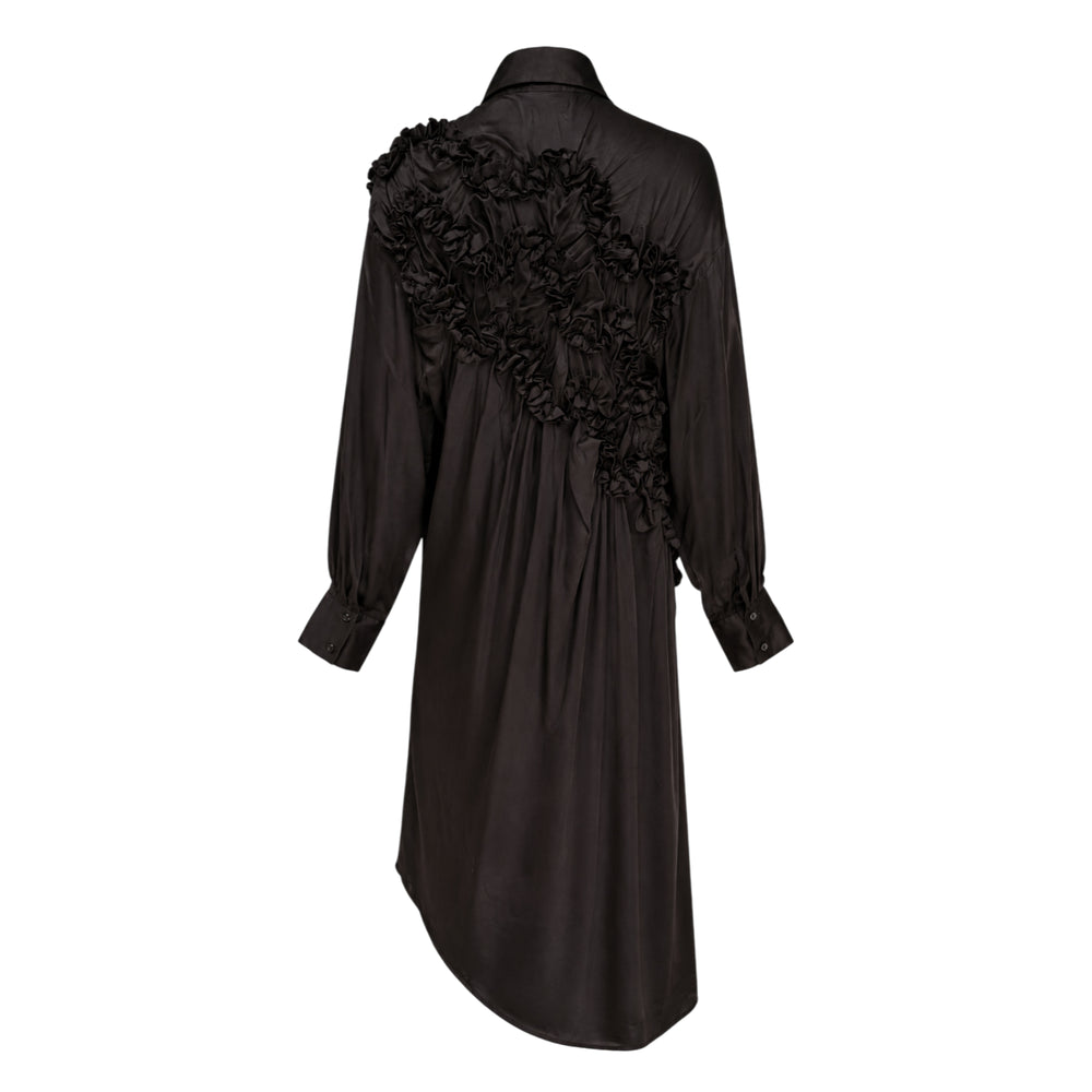 Hisu Park Savy black long shirt dress with ruffle bodice detailing and asymmetric draped hem, displayed on a hanger against a neutral background - view 2