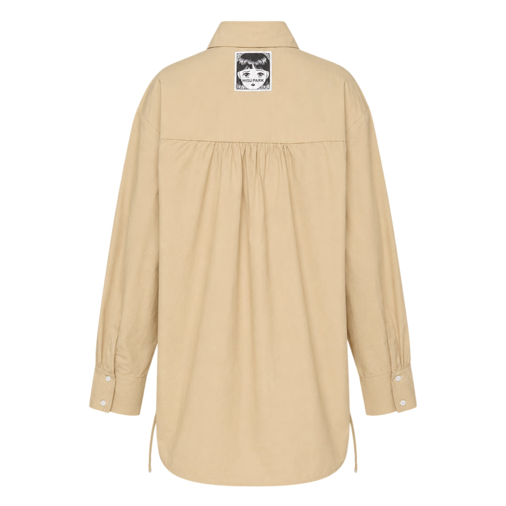 Hisu Park Savy Drawstring Shirt in beige cotton with sweeping black tulle ruffle appliqué wave detailing across the front and adjustable drawstring hem ties - view 2