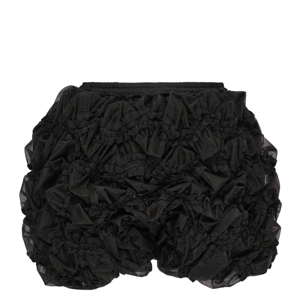 Hisu Park Glass Shorts in black — heavily ruffled organza-effect mini shorts with elasticated waistband, drawstring tie, and smocked detailing throughout - view 2