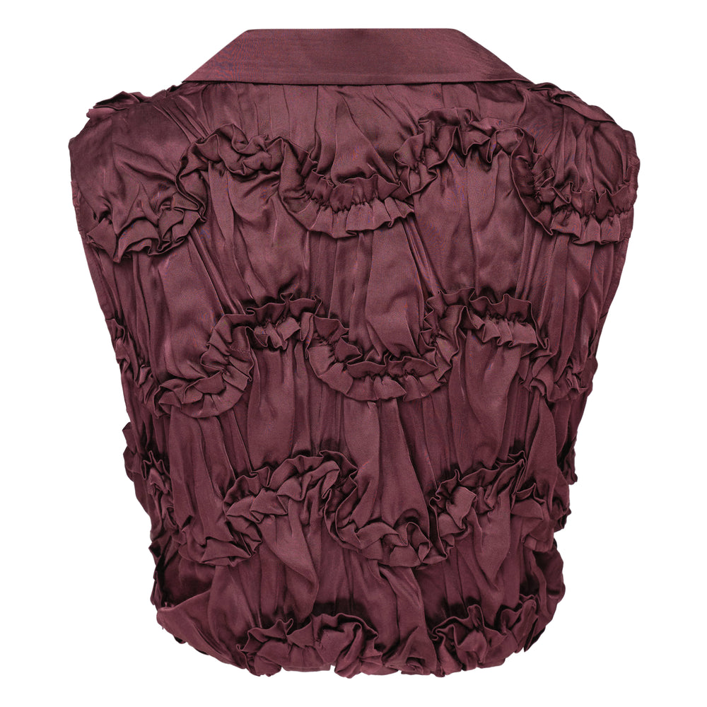 Hisu Park Hini ruffled satin cropped top in deep burgundy, shown flat with all-over gathered ruffle detailing, spread collar, open V-neckline, and woven brand label at neckline - view 2