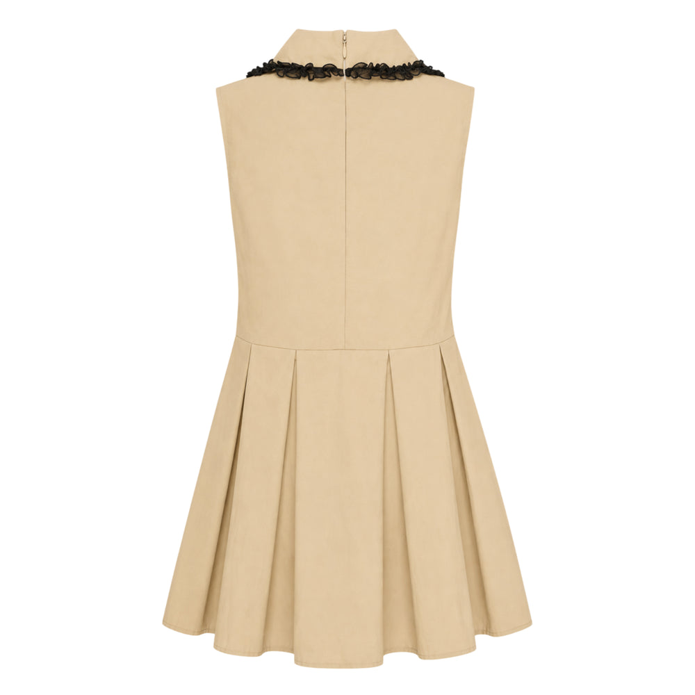 Hisu Park Amalia sleeveless khaki mini dress with black lace-trimmed Peter Pan collar and box-pleated drop-waist skirt, front view on white background - view 2
