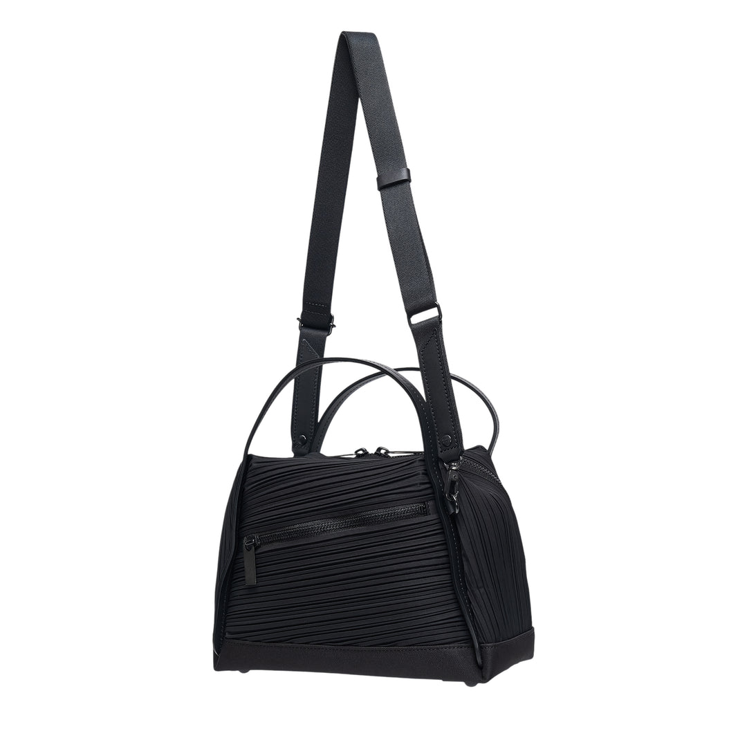 Pleats Please Issey Miyake Bias Pleats Crossbody Bag in black, showing diagonal pleated fabric body, dual top handles, and adjustable webbing shoulder strap on white background