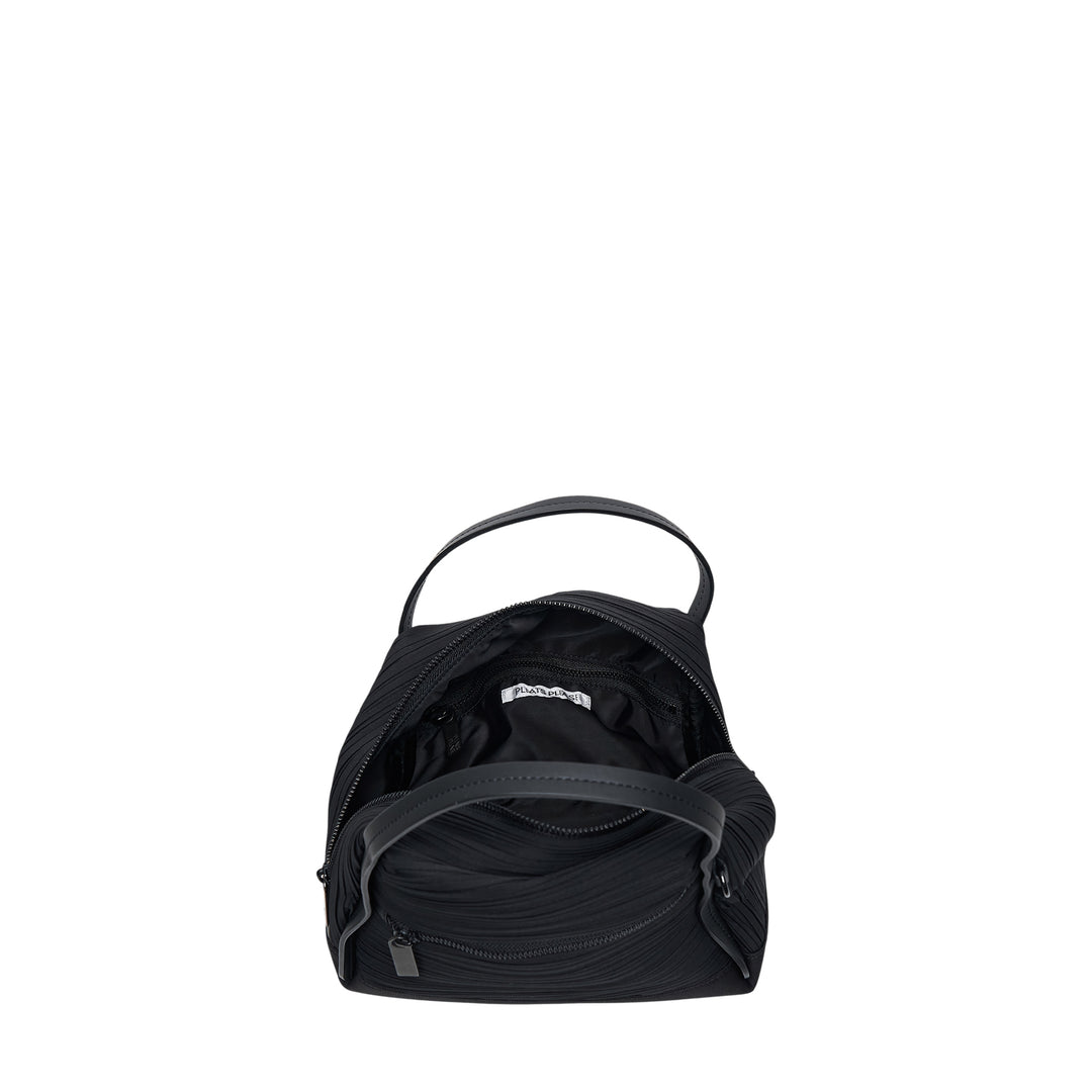 Pleats Please Issey Miyake Bias Pleats Crossbody Bag in black, showing diagonal pleated fabric body, dual top handles, and adjustable webbing shoulder strap on white background