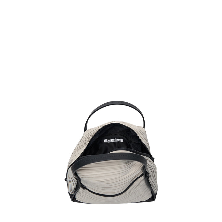 Pleats Please Issey Miyake Bias Pleats Crossbody Bag in black, showing diagonal pleated fabric body, dual top handles, and adjustable webbing shoulder strap on white background