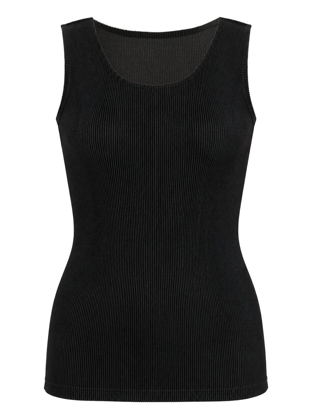 Pleats Please Issey Miyake Mist Basics Tank Top in black, featuring fine vertical permanent pleating, scoop neckline, and sleeveless silhouette
