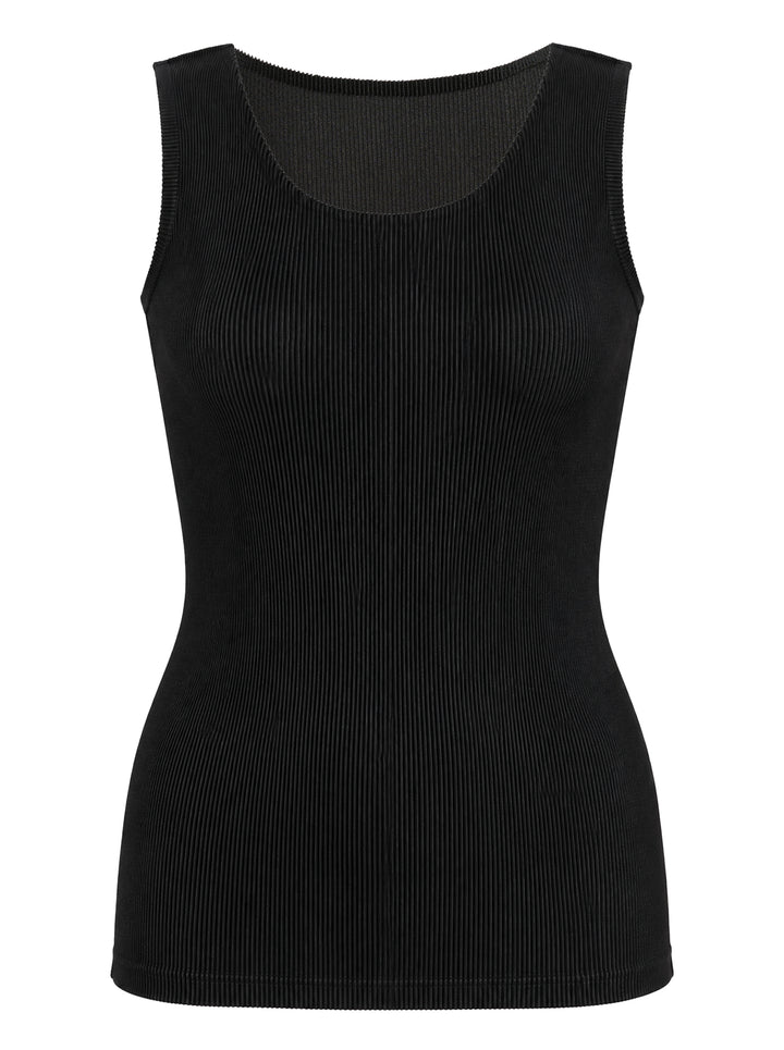 Pleats Please Issey Miyake Mist Basics Tank Top in black, featuring fine vertical permanent pleating, scoop neckline, and sleeveless silhouette