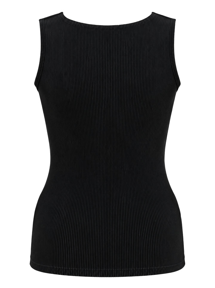 Pleats Please Issey Miyake Mist Basics Tank Top in black, featuring fine vertical permanent pleating, scoop neckline, and sleeveless silhouette - view 2