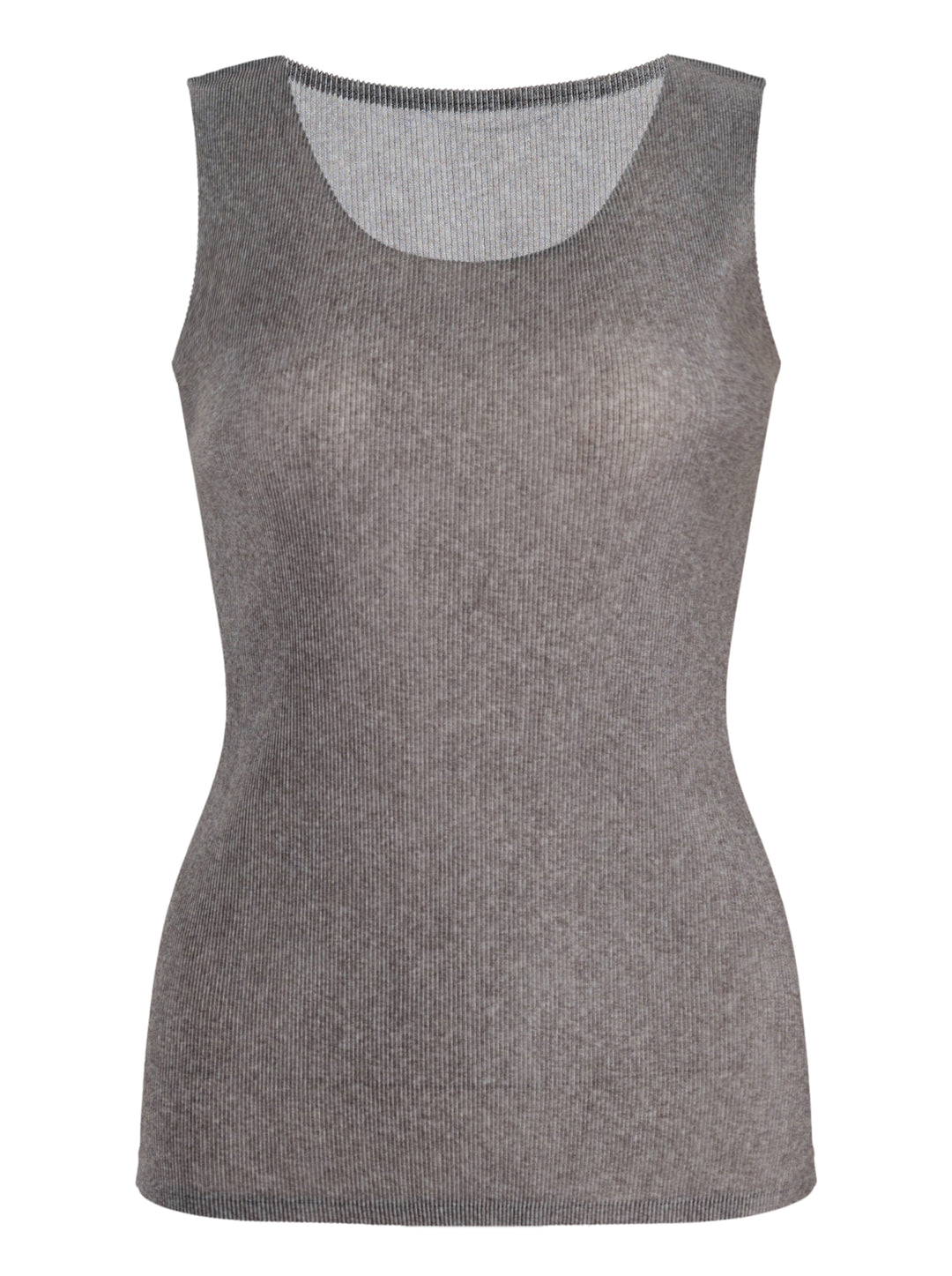 Pleats Please Issey Miyake Mist Basics Tank Top in heathered grey, featuring a fine-ribbed knit, scoop neckline, and slim sleeveless silhouette on a white background