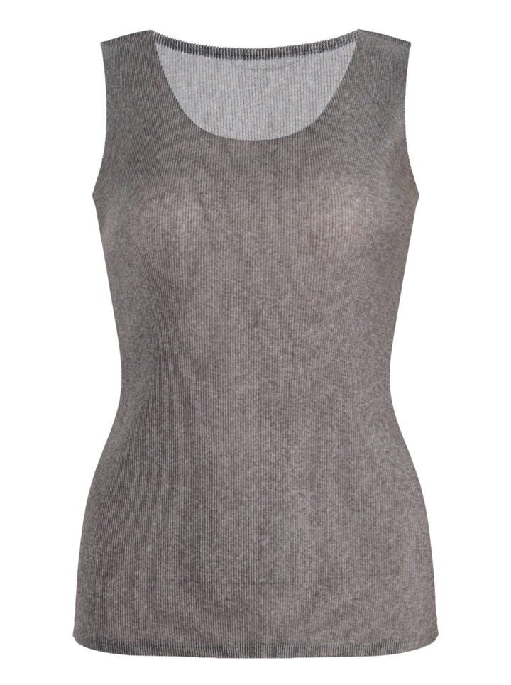 Pleats Please Issey Miyake Mist Basics Tank Top in heathered grey, featuring a fine-ribbed knit, scoop neckline, and slim sleeveless silhouette on a white background