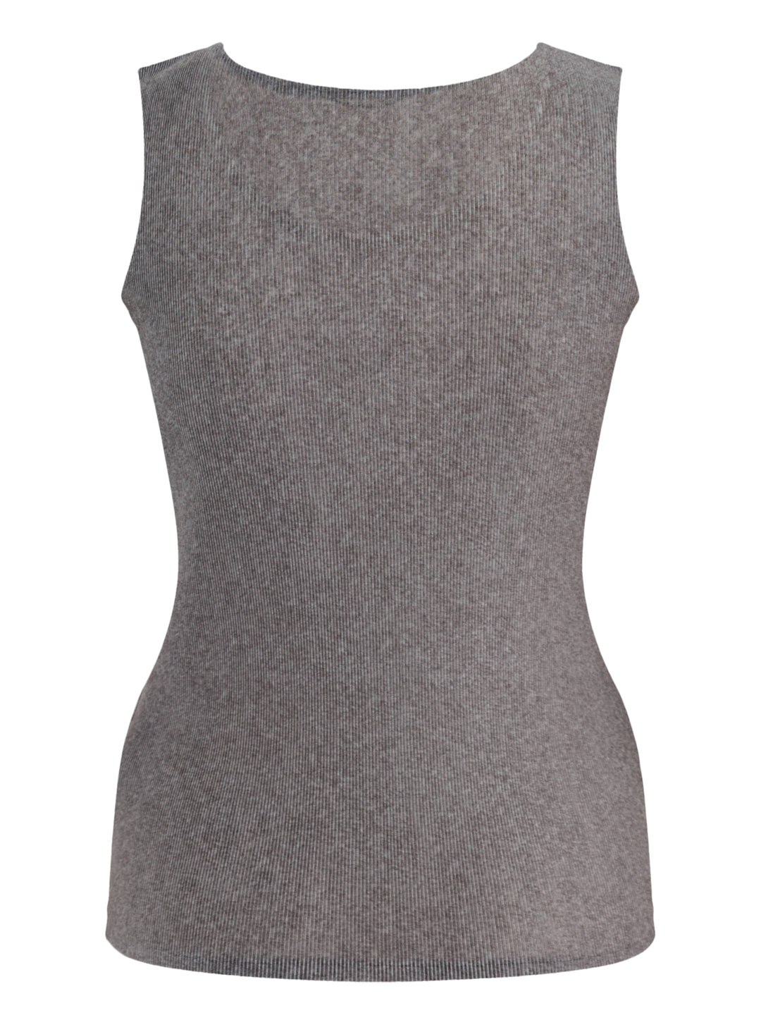 Pleats Please Issey Miyake Mist Basics Tank Top in heathered grey, featuring a fine-ribbed knit, scoop neckline, and slim sleeveless silhouette on a white background - view 2