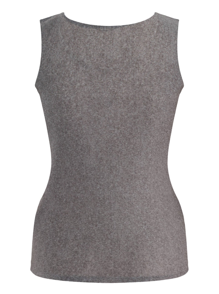 Pleats Please Issey Miyake Mist Basics Tank Top in heathered grey, featuring a fine-ribbed knit, scoop neckline, and slim sleeveless silhouette on a white background - view 2