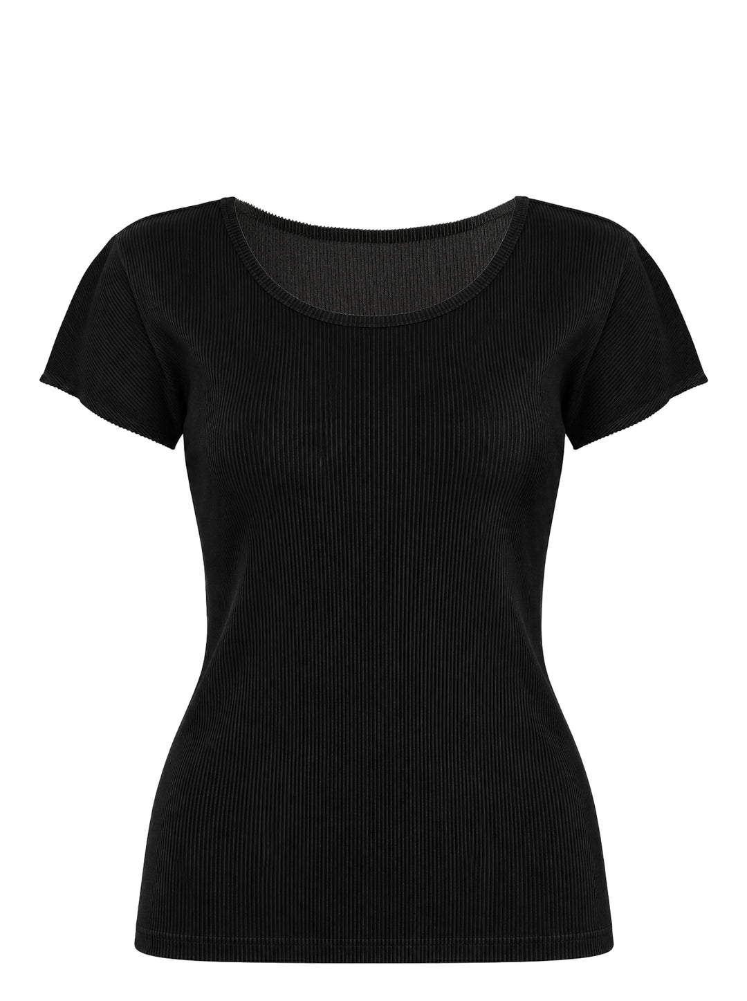 Pleats Please Issey Miyake Mist Basics Round Neck Top in black, featuring signature fine vertical pleating, a scoop neckline, and short cap sleeves with lettuce-edge trim
