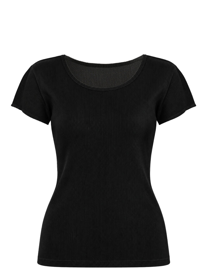 Pleats Please Issey Miyake Mist Basics Round Neck Top in black, featuring signature fine vertical pleating, a scoop neckline, and short cap sleeves with lettuce-edge trim
