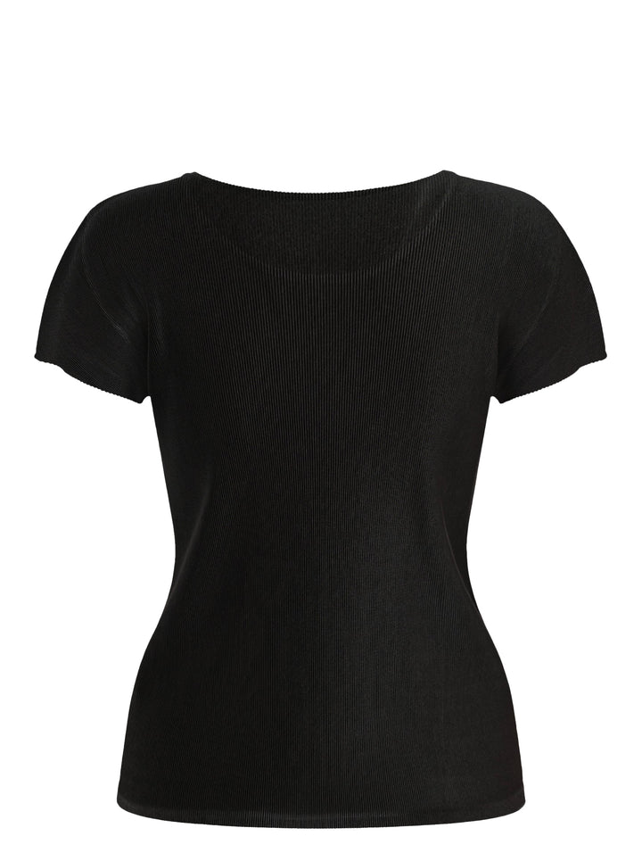 Pleats Please Issey Miyake Mist Basics Round Neck Top in black, featuring signature fine vertical pleating, a scoop neckline, and short cap sleeves with lettuce-edge trim - view 2