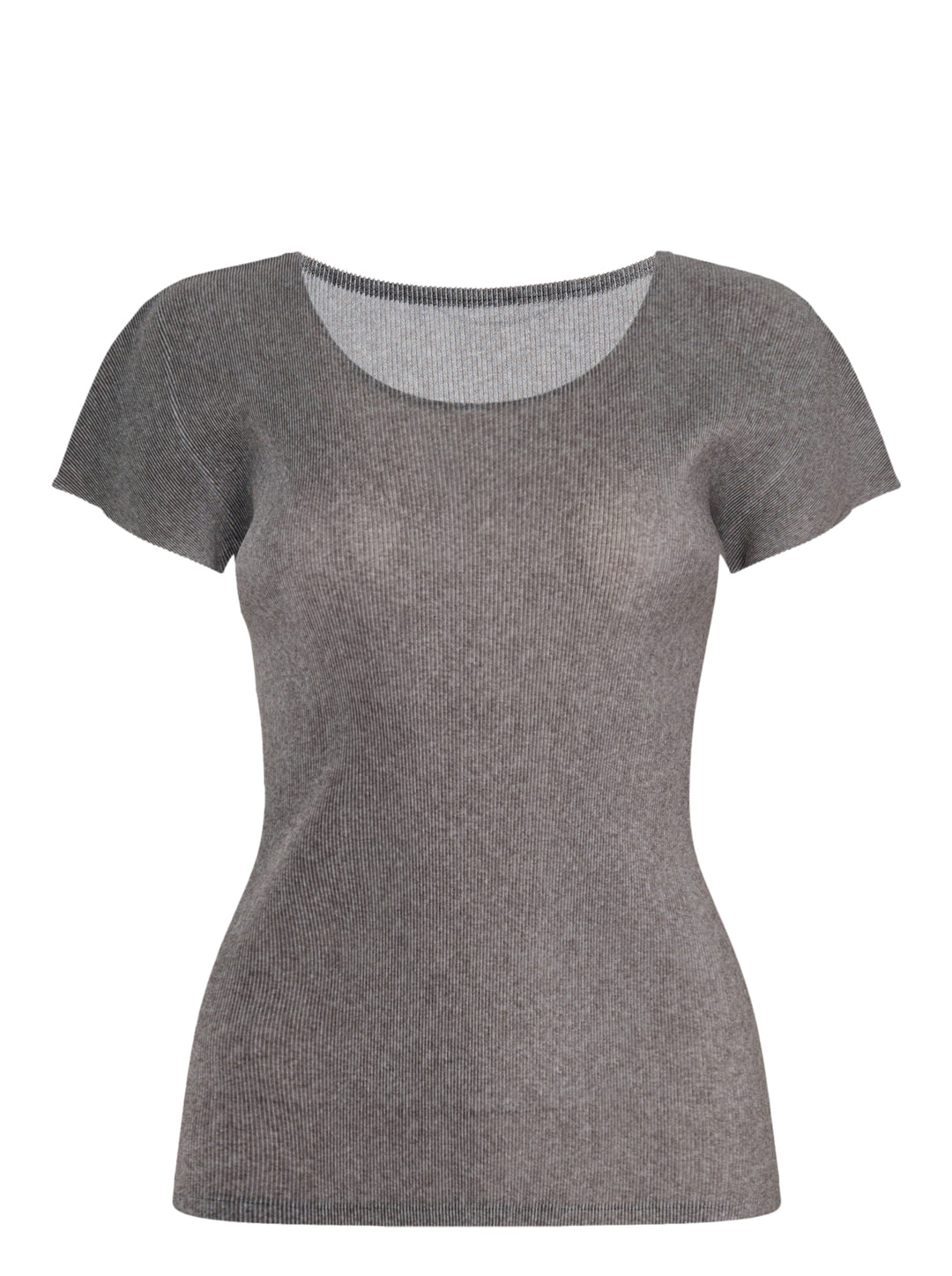 Pleats Please Issey Miyake Mist Basics round neck cap sleeve top in heather grey fine-rib knit, fitted silhouette on a ghost mannequin