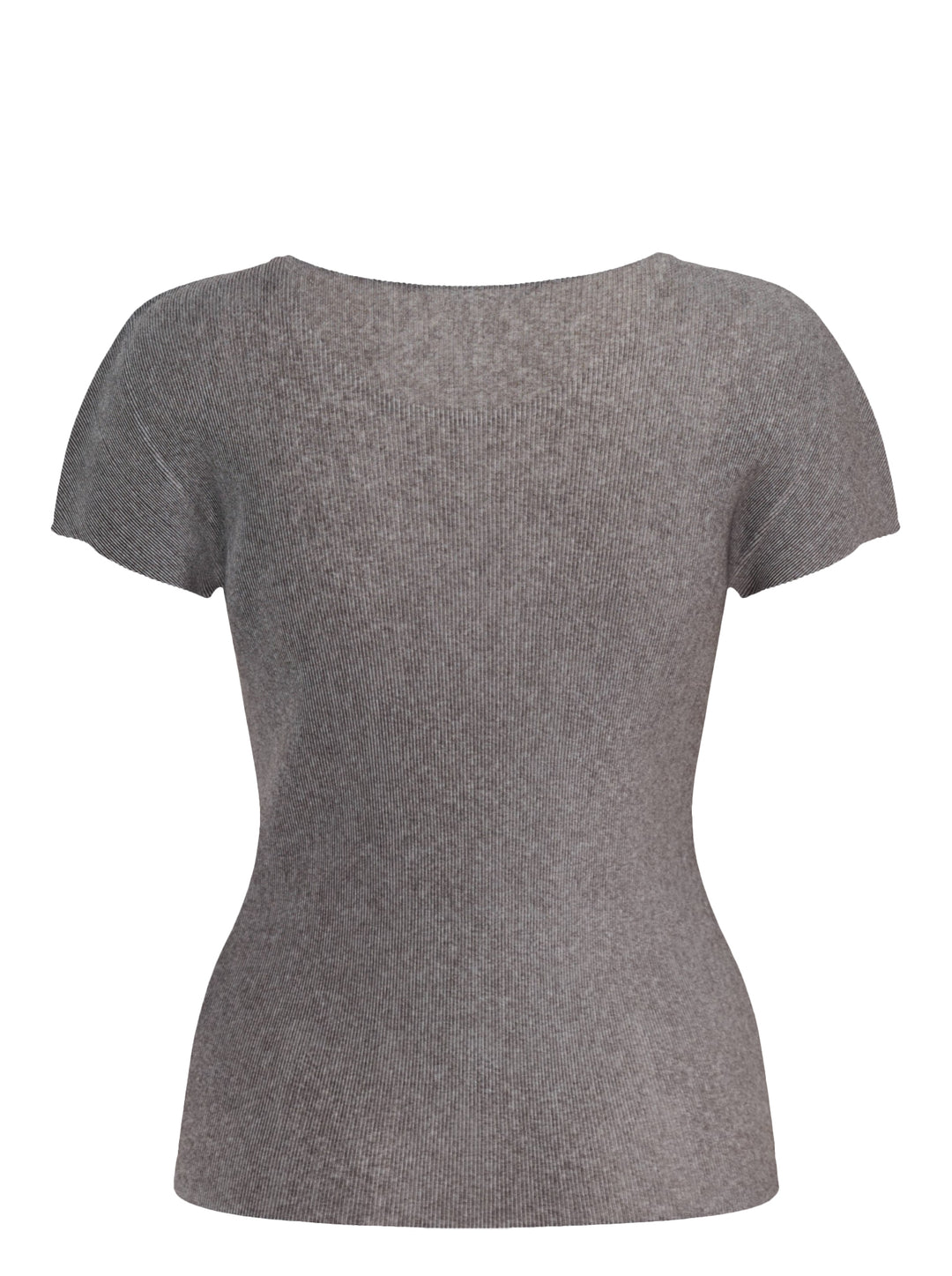 Pleats Please Issey Miyake Mist Basics round neck cap sleeve top in heather grey fine-rib knit, fitted silhouette on a ghost mannequin - view 2