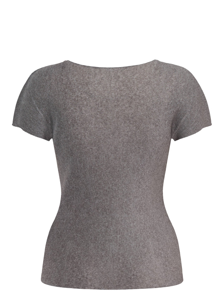 Pleats Please Issey Miyake Mist Basics round neck cap sleeve top in heather grey fine-rib knit, fitted silhouette on a ghost mannequin - view 2