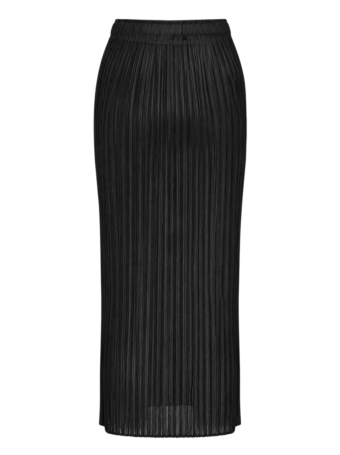 Back view of a black micro-pleated midi skirt by Pleats Please Issey Miyake with an elasticated waistband