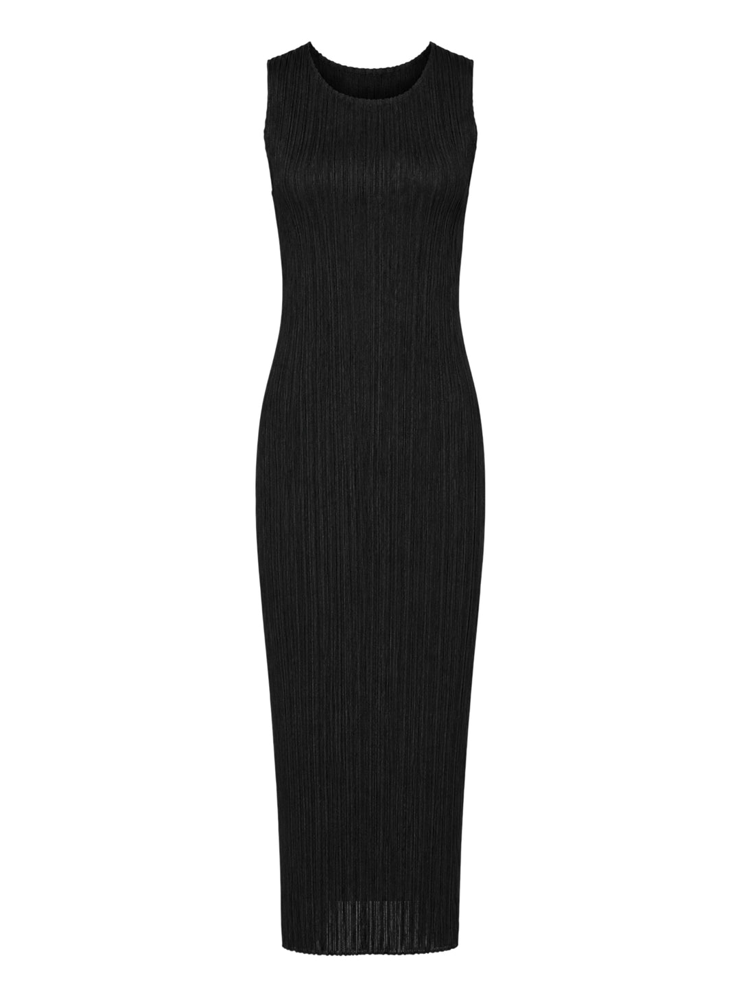 Pleats Please Issey Miyake black sleeveless pleated midi dress with scoop neckline, shown from the front