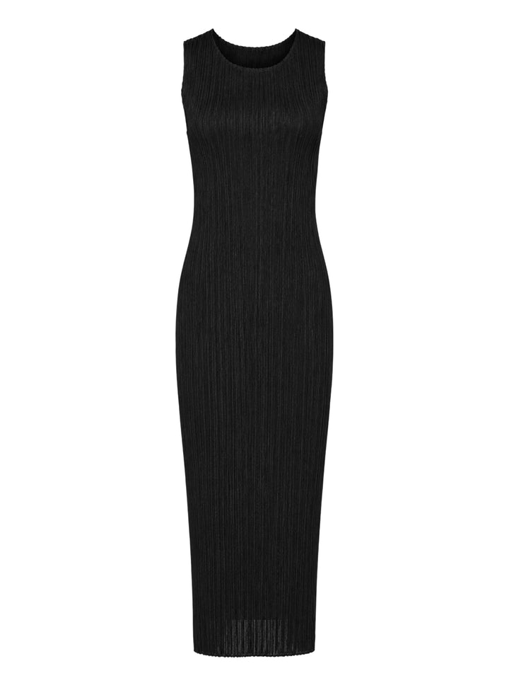 Pleats Please Issey Miyake black sleeveless pleated midi dress with scoop neckline, shown from the front