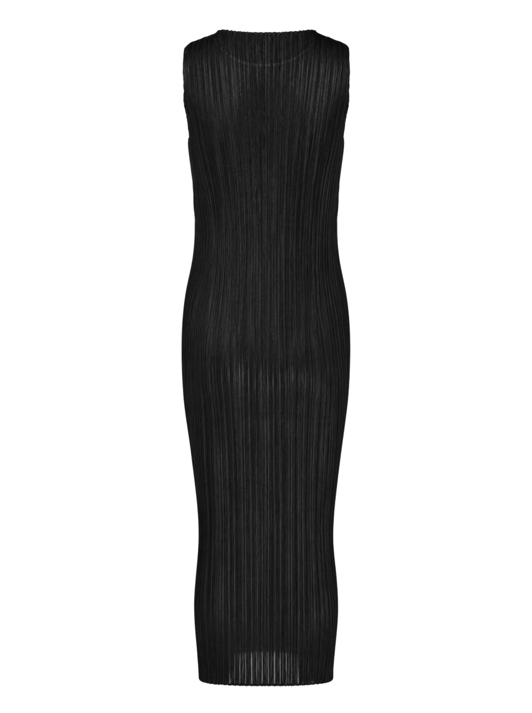 Pleats Please Issey Miyake black sleeveless pleated midi dress with scoop neckline, shown from the front - view 2