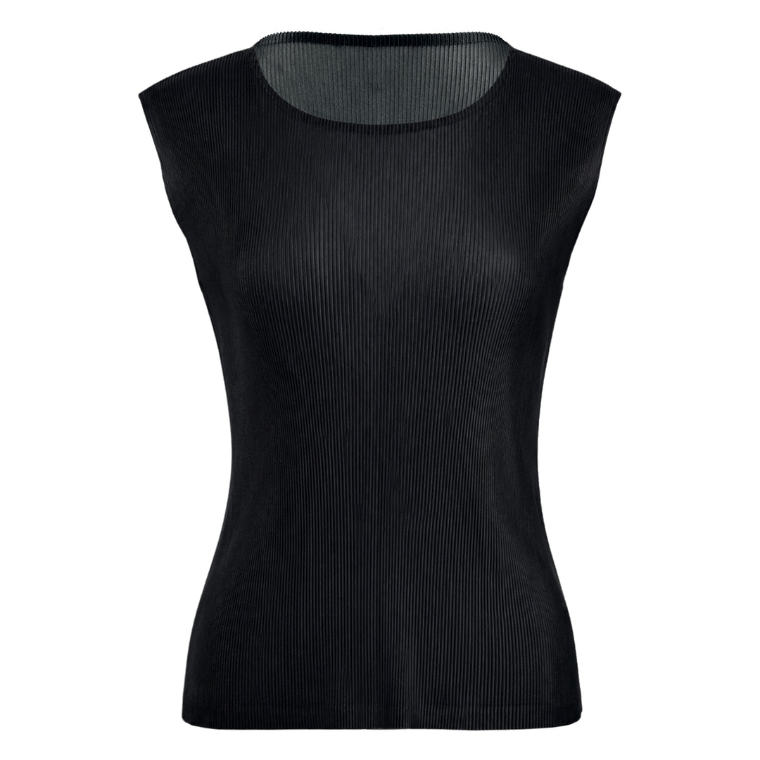 Pleats Please Issey Miyake black sleeveless pleated round neck tank top with fine vertical micro-pleating and fitted silhouette, front view on white background