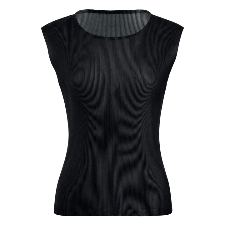 Pleats Please Issey Miyake black sleeveless pleated round neck tank top with fine vertical micro-pleating and fitted silhouette, front view on white background