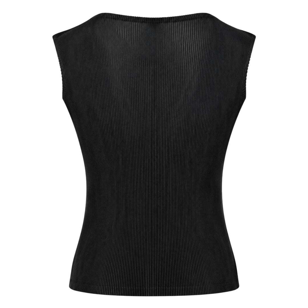 Pleats Please Issey Miyake black sleeveless pleated round neck tank top with fine vertical micro-pleating and fitted silhouette, front view on white background