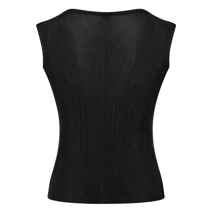 Pleats Please Issey Miyake black sleeveless pleated round neck tank top with fine vertical micro-pleating and fitted silhouette, front view on white background