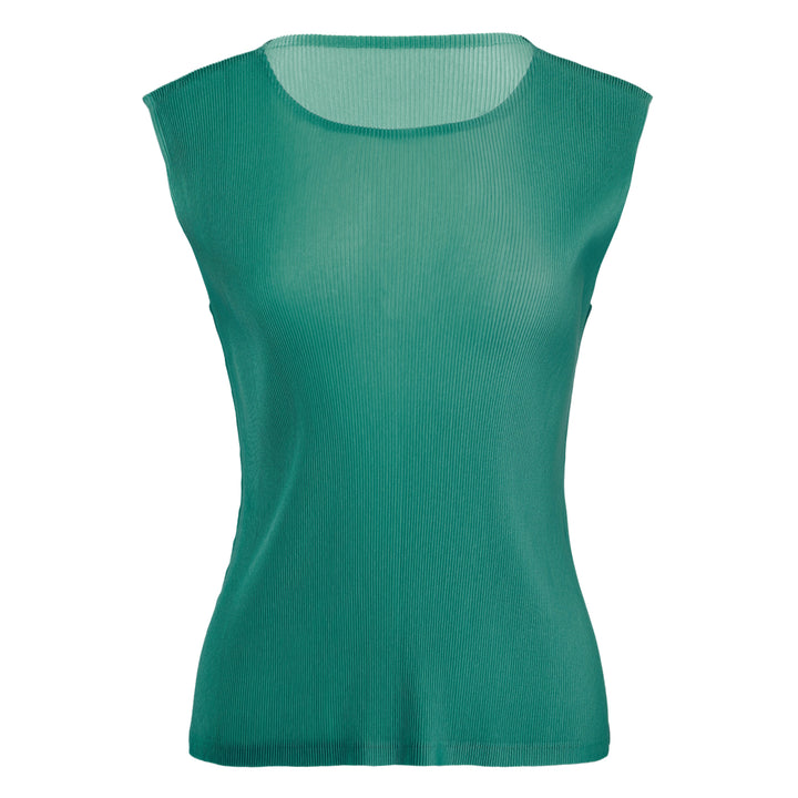 Pleats Please Issey Miyake black sleeveless pleated round neck tank top with fine vertical micro-pleating and fitted silhouette, front view on white background