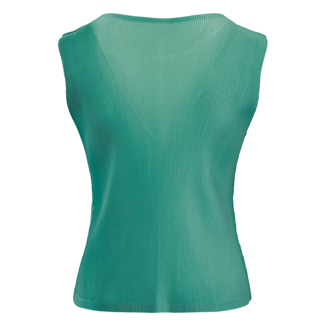 Pleats Please Issey Miyake black sleeveless pleated round neck tank top with fine vertical micro-pleating and fitted silhouette, front view on white background