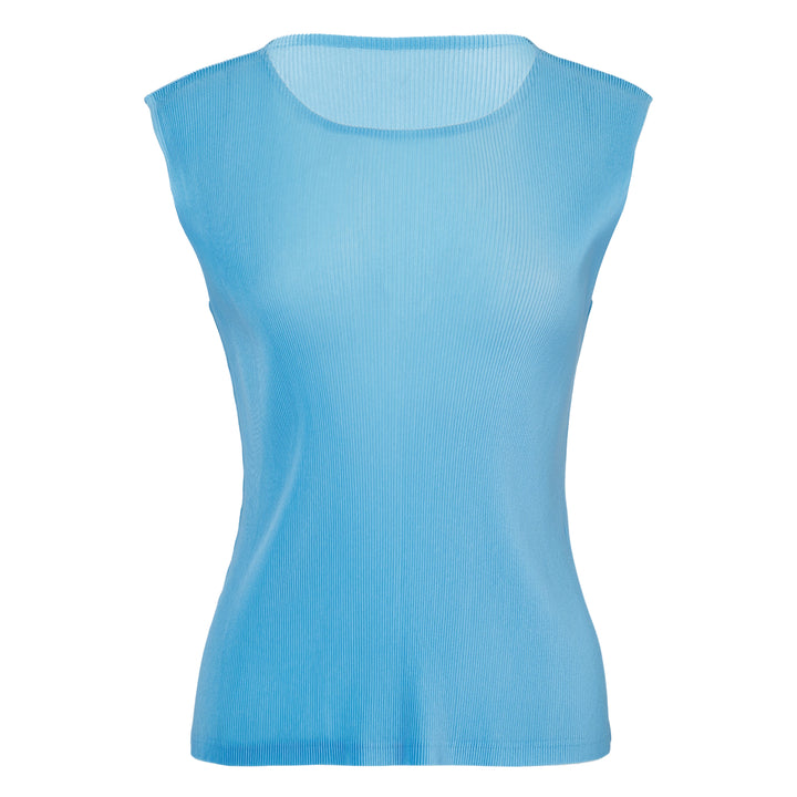 Pleats Please Issey Miyake black sleeveless pleated round neck tank top with fine vertical micro-pleating and fitted silhouette, front view on white background