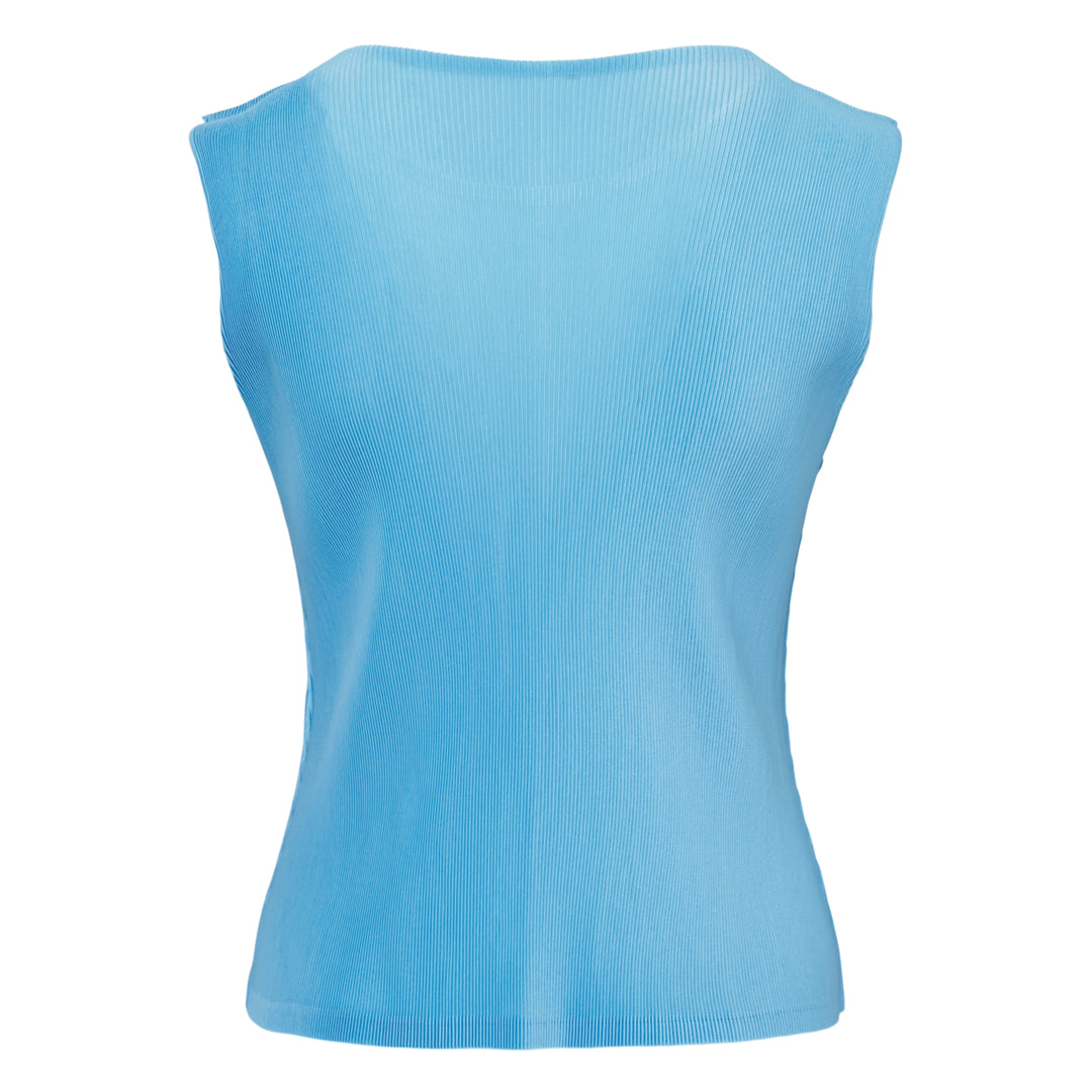 Pleats Please Issey Miyake black sleeveless pleated round neck tank top with fine vertical micro-pleating and fitted silhouette, front view on white background