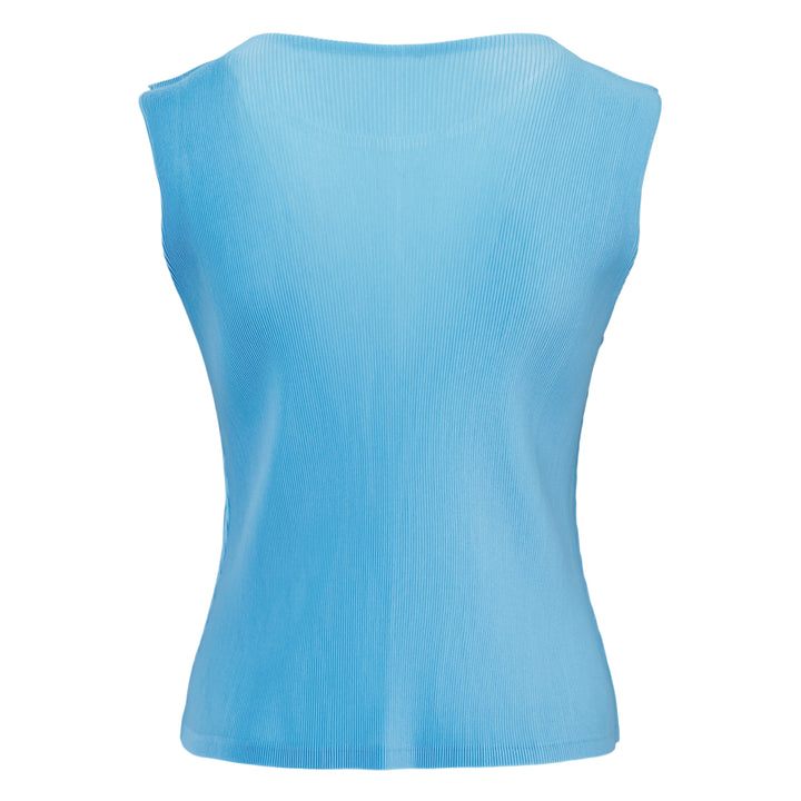 Pleats Please Issey Miyake black sleeveless pleated round neck tank top with fine vertical micro-pleating and fitted silhouette, front view on white background