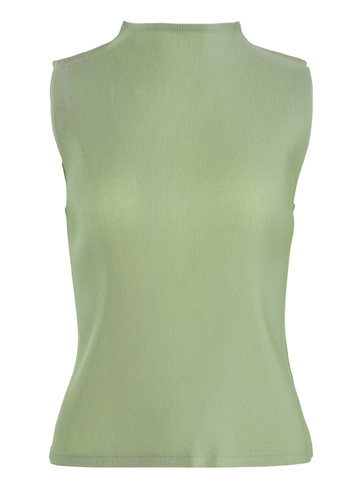 Pleats Please Issey Miyake Mist September sleeveless mock-neck ribbed top in sage green, shown flat against a white background