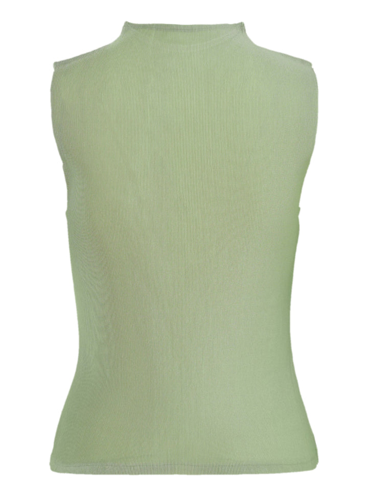 Pleats Please Issey Miyake Mist September sleeveless mock-neck ribbed top in sage green, shown flat against a white background - view 2