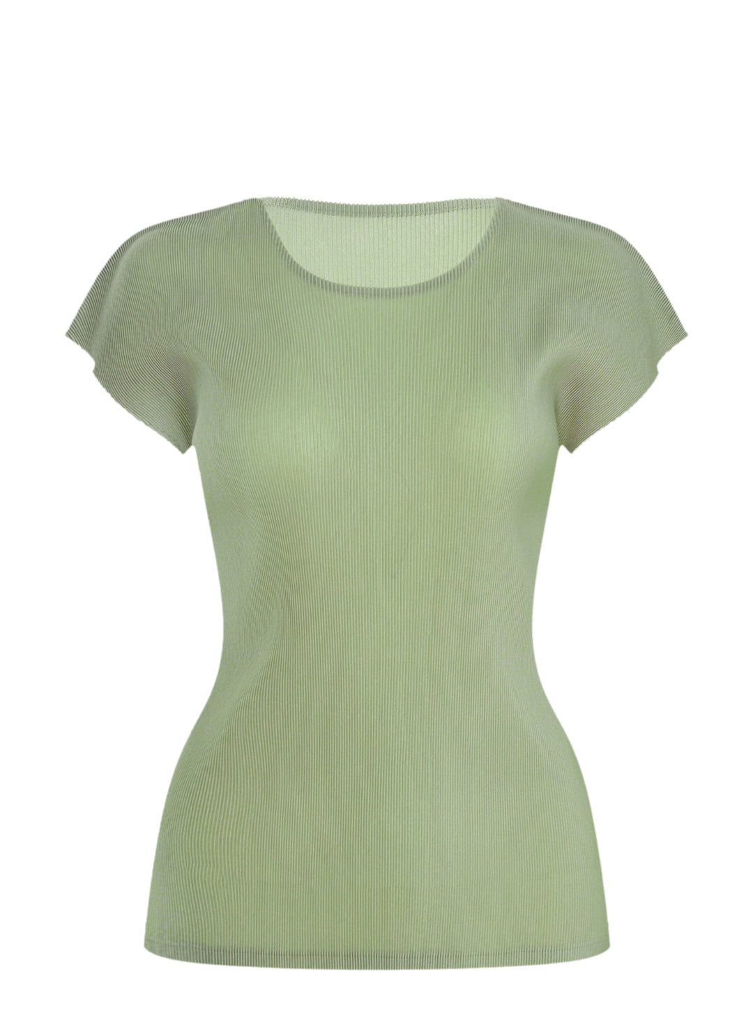 Pleats Please Issey Miyake Mist September fitted cap sleeve top in sage green with fine pleated ribbed texture and ruffled sleeve edges, photographed on a ghost mannequin against a white background