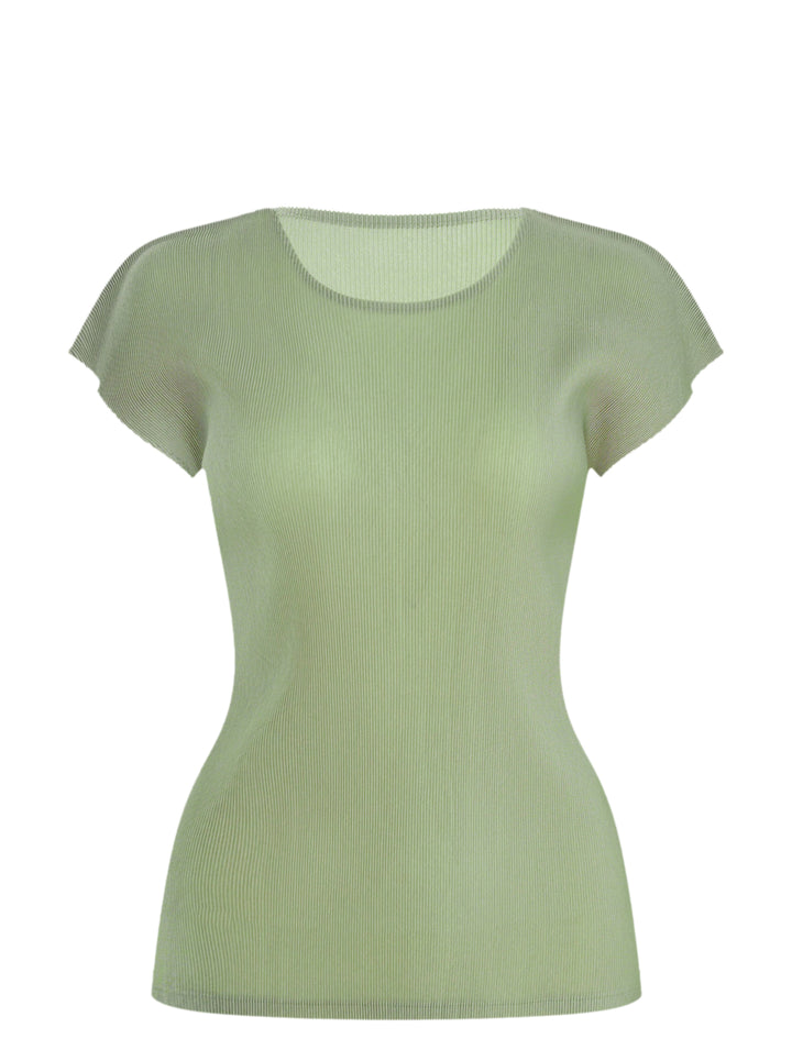 Pleats Please Issey Miyake Mist September fitted cap sleeve top in sage green with fine pleated ribbed texture and ruffled sleeve edges, photographed on a ghost mannequin against a white background