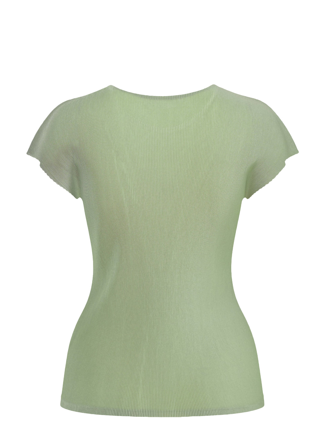 Pleats Please Issey Miyake Mist September fitted cap sleeve top in sage green with fine pleated ribbed texture and ruffled sleeve edges, photographed on a ghost mannequin against a white background - view 2