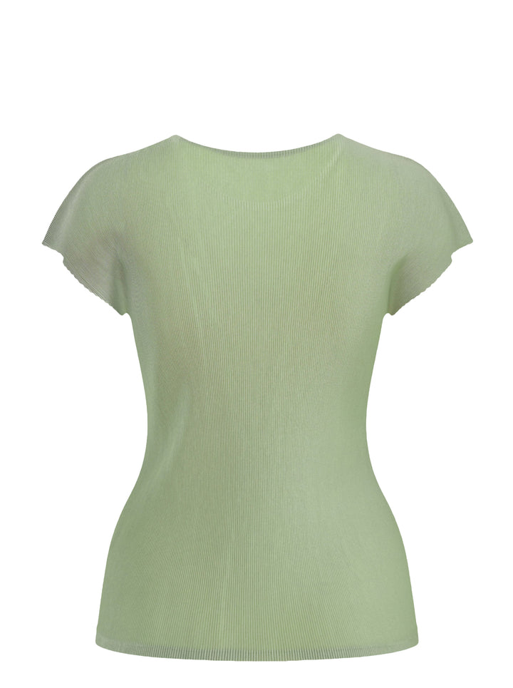 Pleats Please Issey Miyake Mist September fitted cap sleeve top in sage green with fine pleated ribbed texture and ruffled sleeve edges, photographed on a ghost mannequin against a white background - view 2